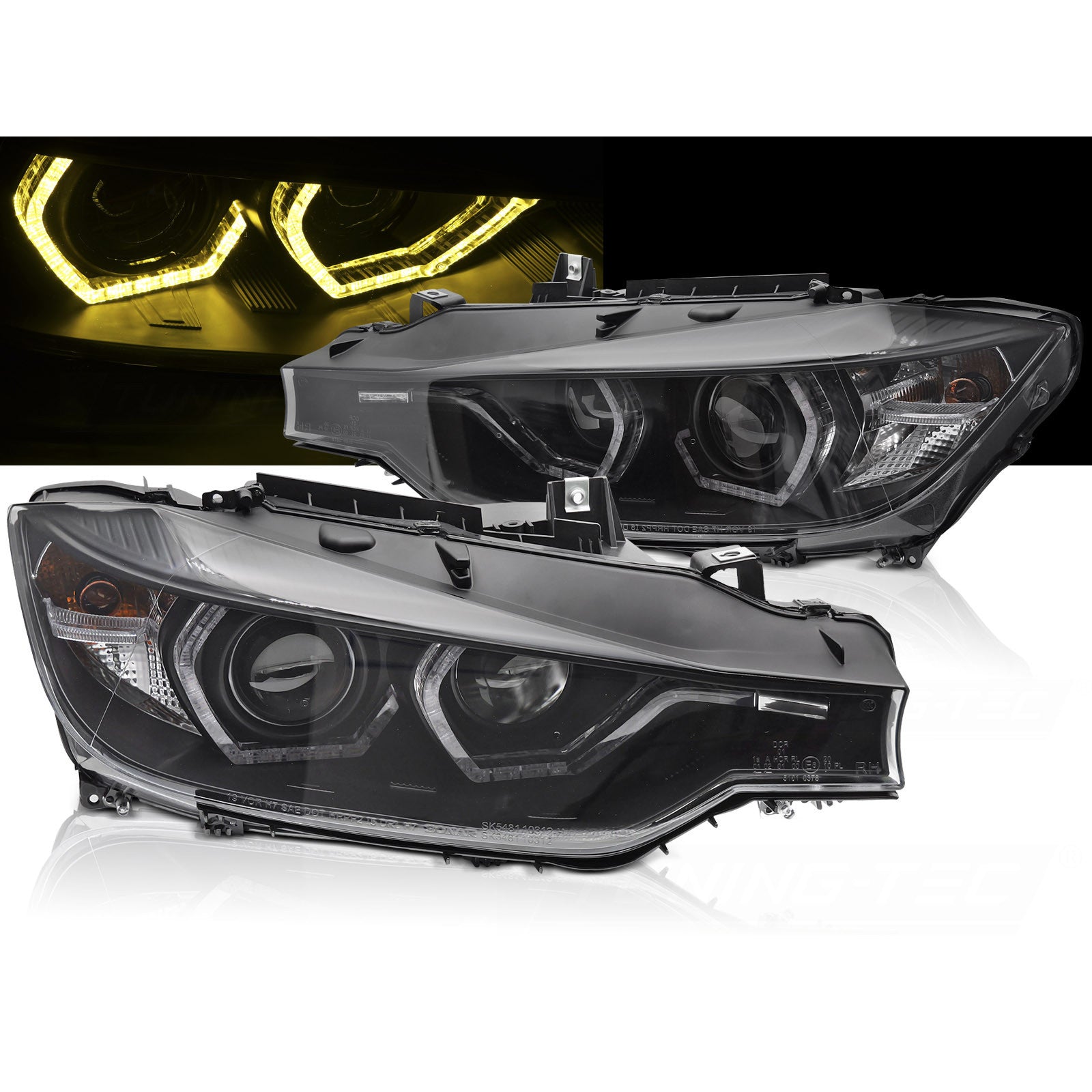 Faruri Angel Eyes pentru BMW F30 F31 2011 - 2015 Yellow LED Black DRL